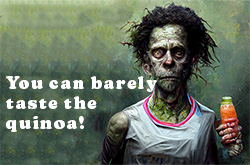 A zombie wearing running gear, holding a smoothie
