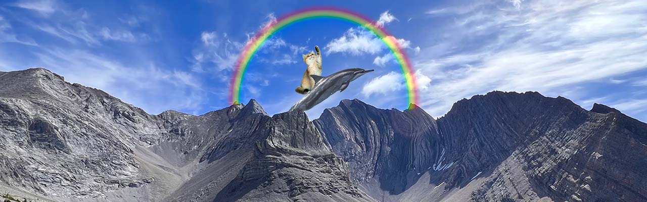A cat riding a dolphin over my melty mountain