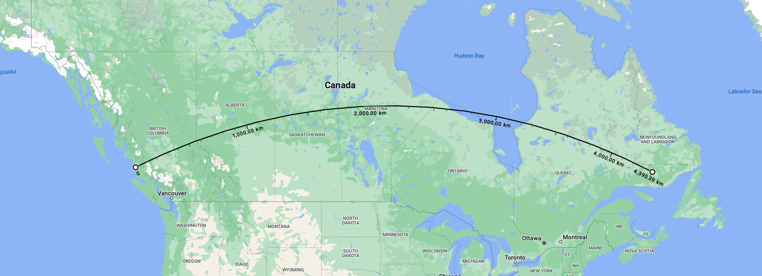 A map of Canada spanning from the west coast to Newfoundland