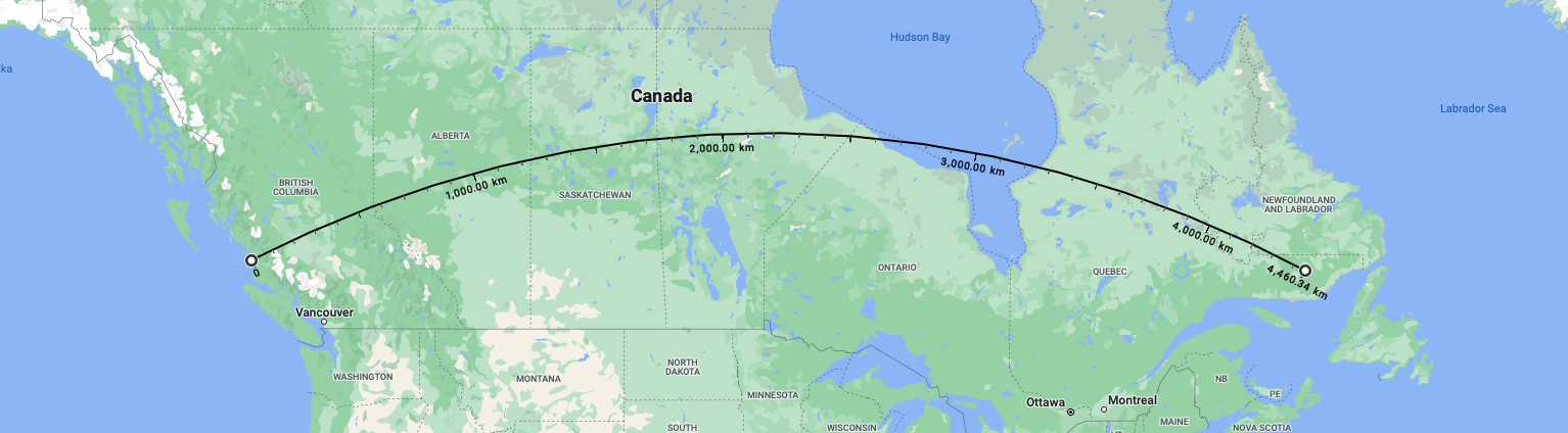 A map of canada spanning from the west coast to Newfoundland (only a bit further into it)