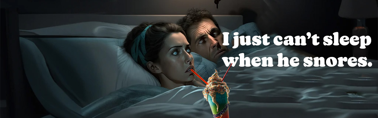 A woman blames her partner for keeping her up while drinking a slurpee