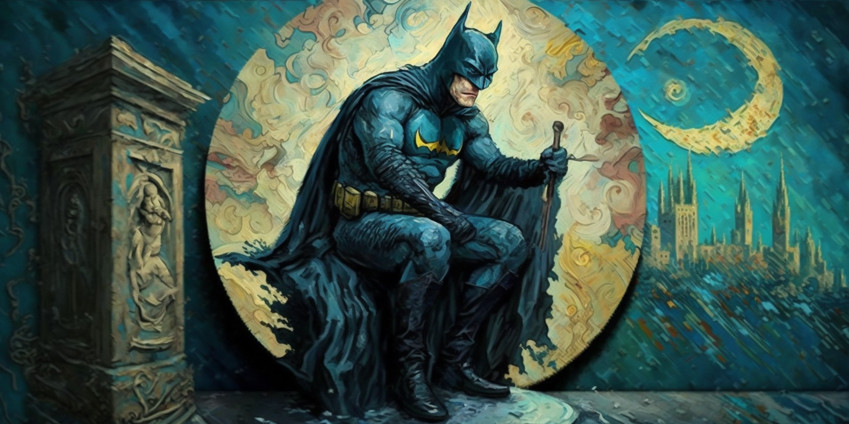 Batman on the can in the style of Van Gogh’s The Starry Night