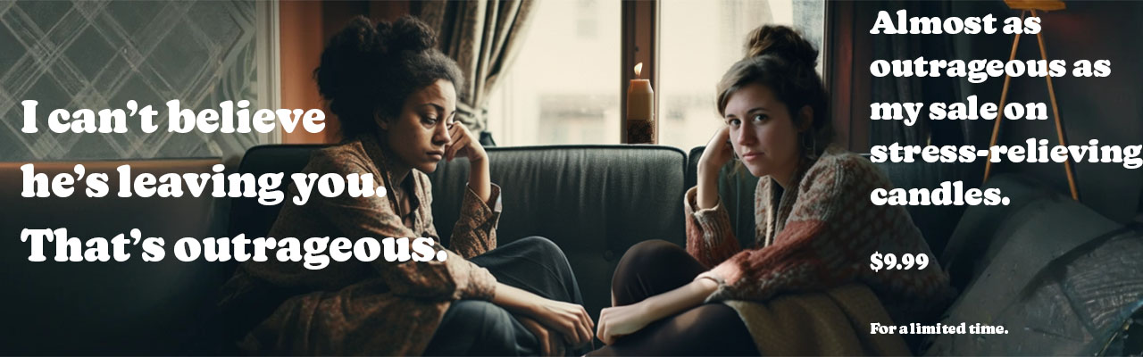 A woman is comforting her friend, but is obviously trying to sell her candles. 