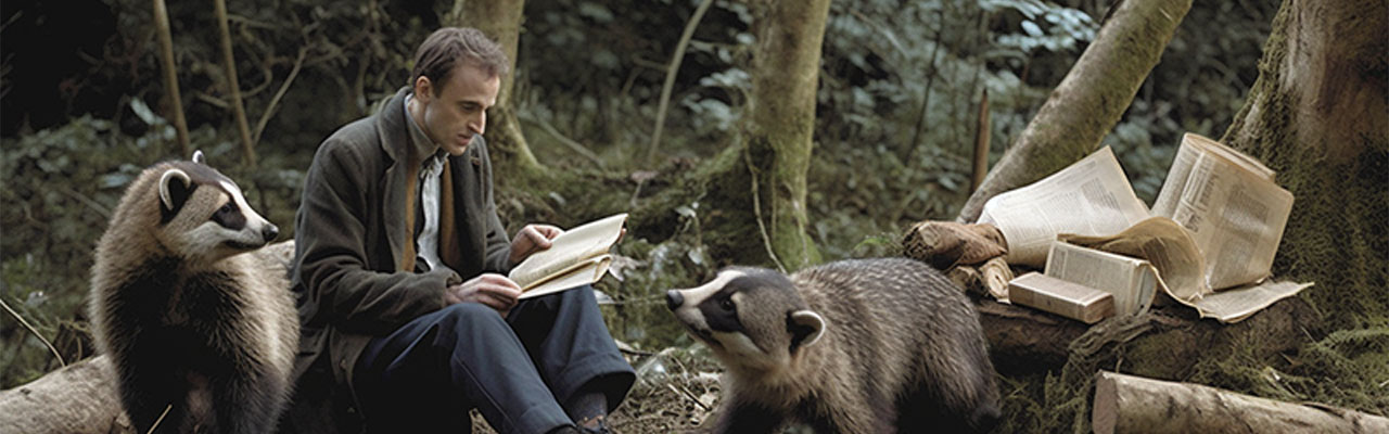 Two badgers want to fight a man but he’s too busy reading. He’s managing his ironic process theory well.