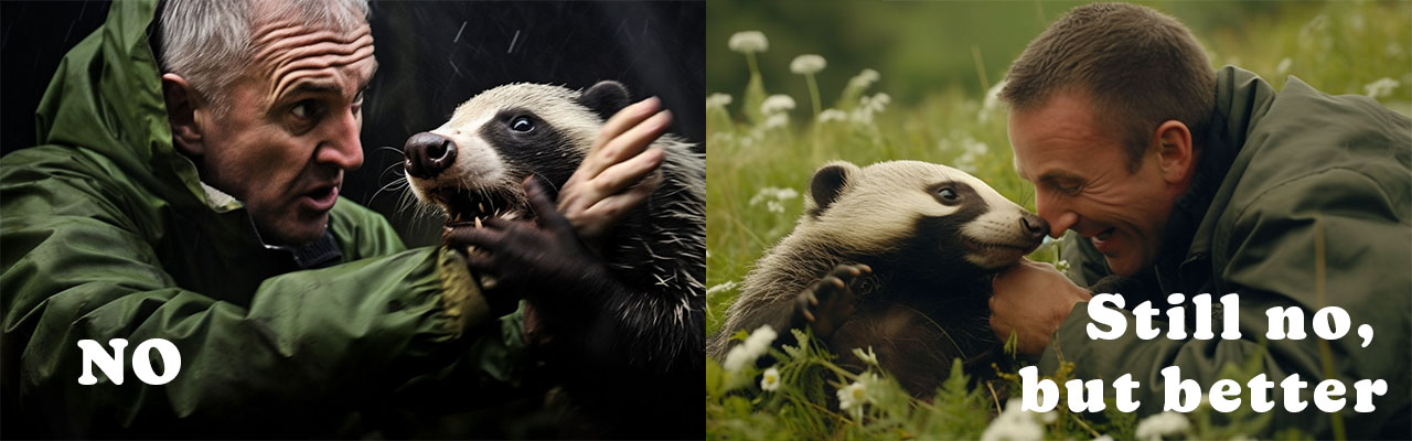 A man fighting a badger and a man cuddling with a badger. A true metaphor for ironic process theory. They’ll both die, but one will die better. 