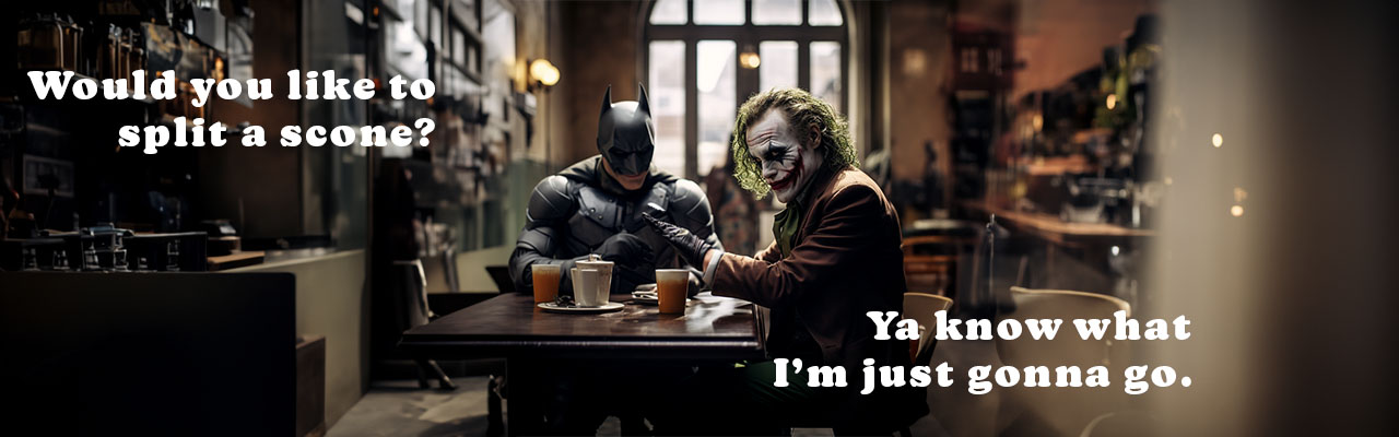 Batman and the Joker sitting down for tea. Batman is being joviala and offering food, while the Joker gets annoyed and wants to leave.