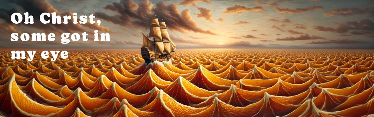 A ship sails across a sea of orange peels